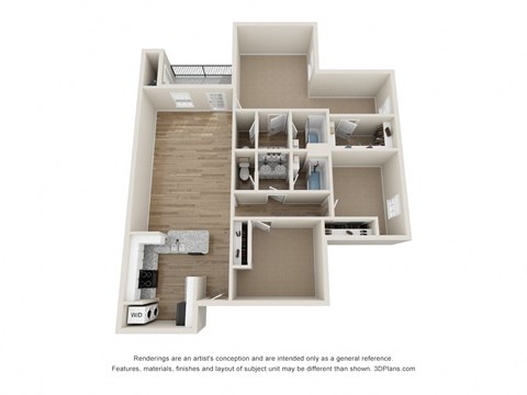 a stylized view of a 1 bedroom floor plan with a bathroom and a balcony